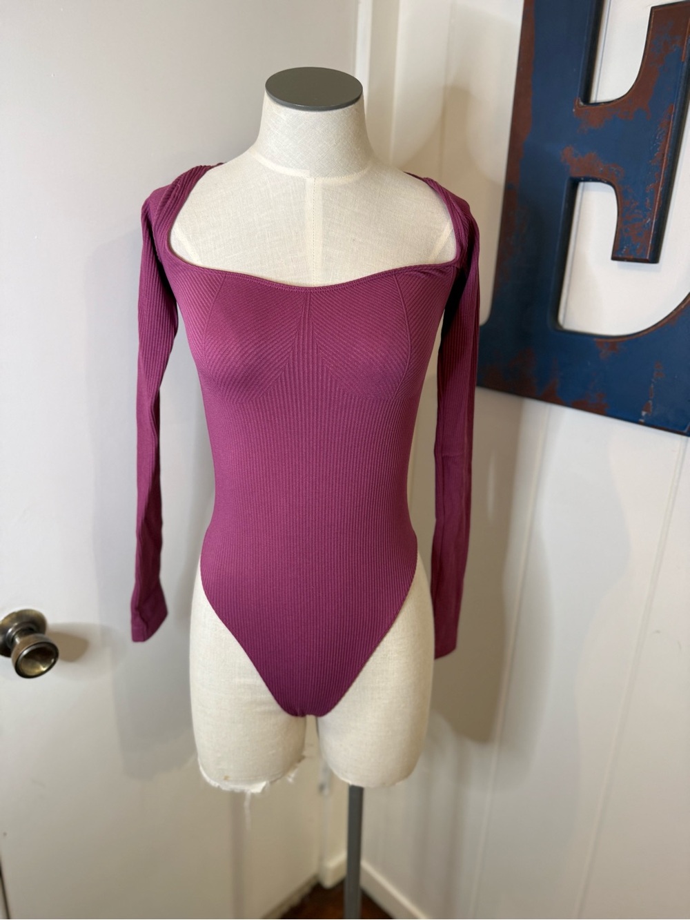 Urban Outfitters Ribbed Long-Sleeve Bodysuit - Plum Sz XS/S